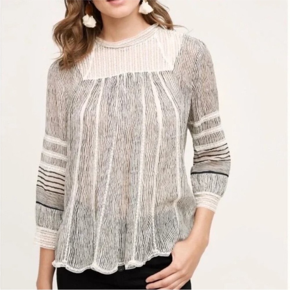 Anthropologie | Floreat Reina Peasant Blouse Gray Stripes XS Boho Cottagecore